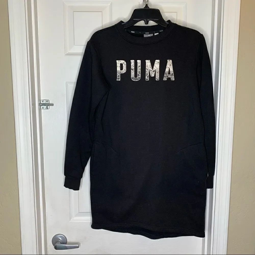 Puma Black Logo Sweatshirt Dress Front Pockets
